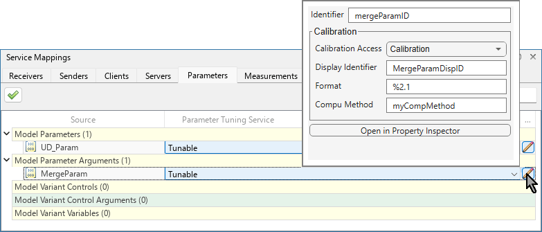 Mouse cursor is on the pencil icon for the MergeParam parameter in the Service Mappings editor. The Additional Properties dialog box is open with these property values: Identifier:outputSignalVal, Calibration Access:Calibration,Display Identifier:dispID_MergeParam,Format:%2,1,Compu Method:myCompMethod.