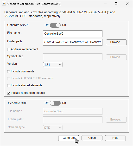 Generate Calibration Files dialog box.