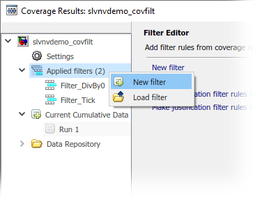 Context menu for Applied filters, with New filter selected