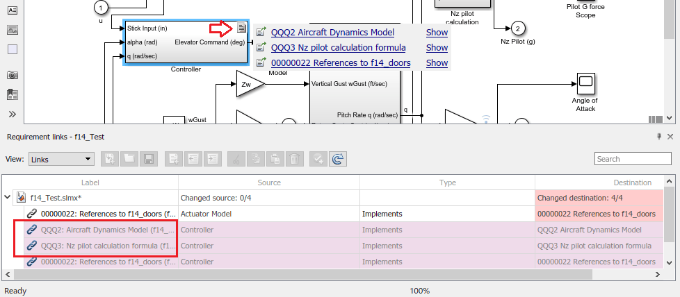 The Requirements Browser shows the repaired links.