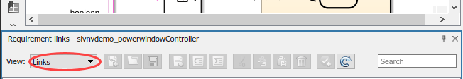 The Requirements Browser with the View option set to Links