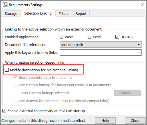 The Requirements Settings dialog shows that Modify destination for bidirectional linking is not selected