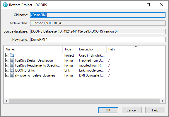 The Restore Project dialog box in DOORS