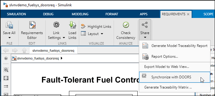 The Requirements tab in the Simulink toolstrip shows how to navigate to the Synchronize with DOORS option