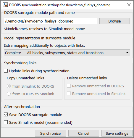 The DOORS Synchronization settings dialog box