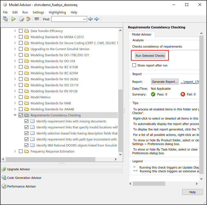 The Model Advisor window highlighting the Run Selected Checks option