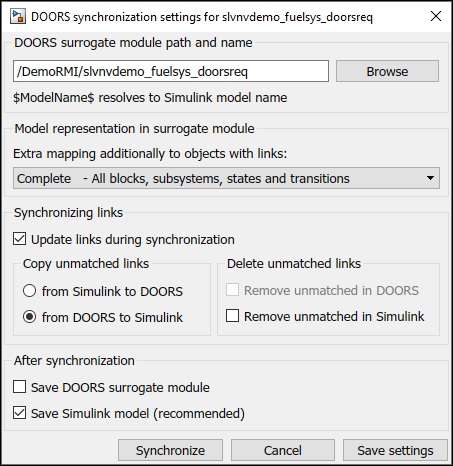 The DOORS Synchronization Settings dialog box.