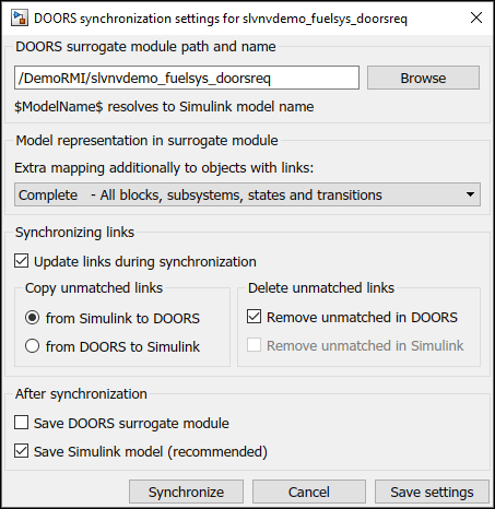 The DOORS Synchronization Settings dialog box