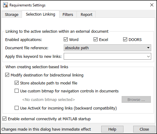 The Selection Linking tab of the Requirements Settings dialog box