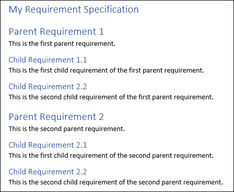 There is a requirement specification with two parent requirements. Each parent requirement has two child requirements.