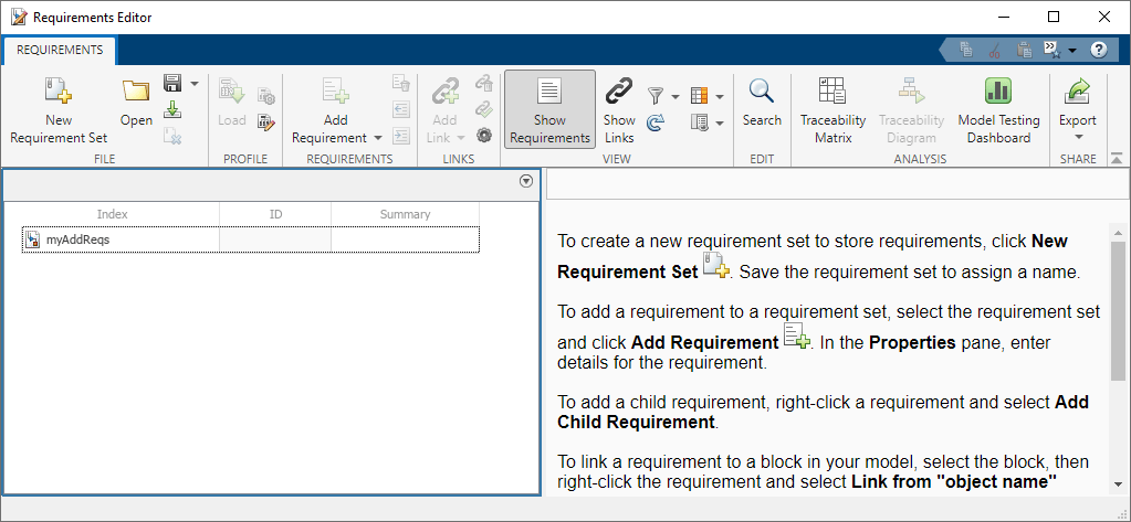 The Requirements Editor shows the myAddReqs requirement set, which has no requirements.