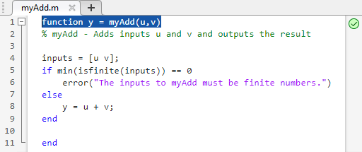 The myAdd function is open in the MATLAB Editor and line 1 is selected.