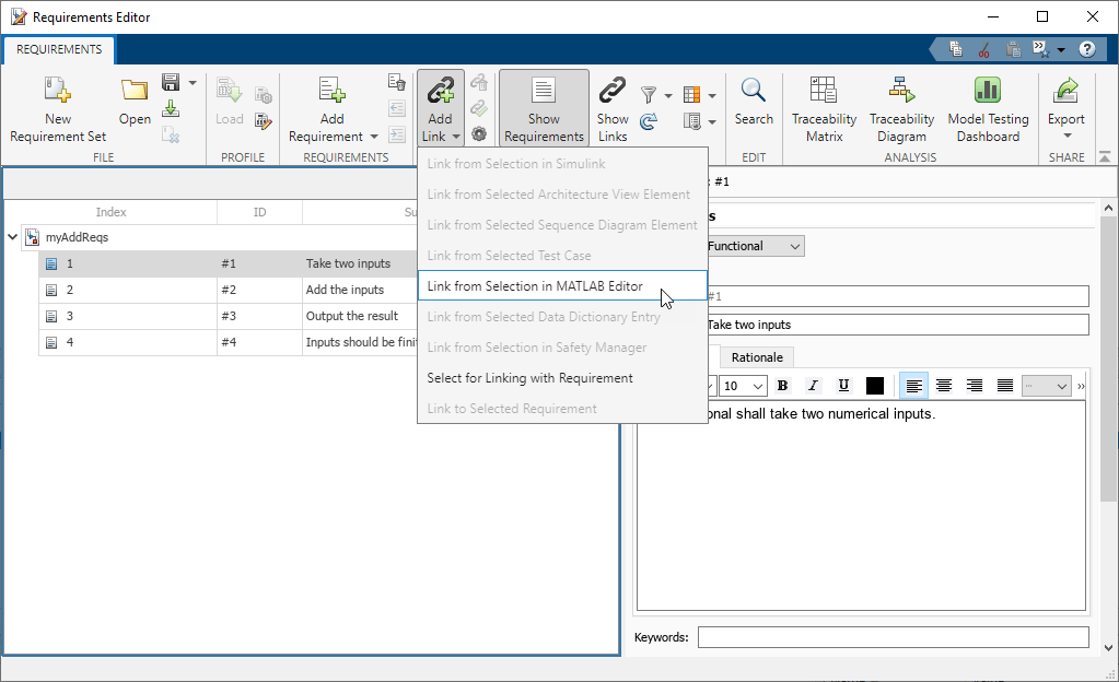 The mouse points to the Link from Selection in MATLAB Editor menu item in the Add Link menu of the Requirements Editor.
