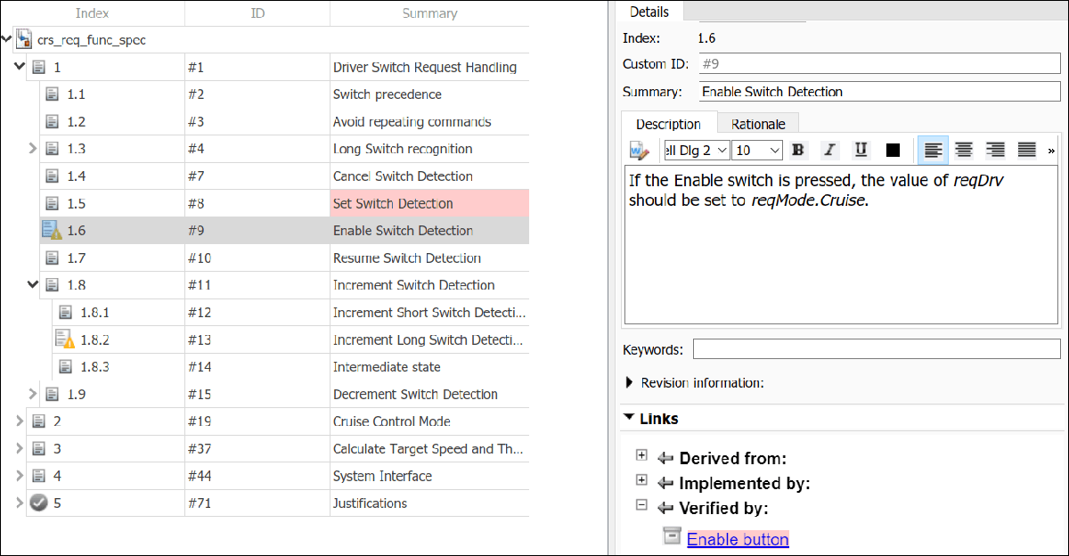 The Requirements Editor with requirements that indicate change issues.