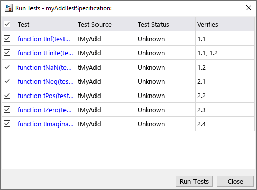 The Run Tests dialog is shown for the myAddTestSpecification requirement set. The dialog box shows the seven linked tests, indicates that tMyAdd is the test source file, and displays the index of the linked requirement for each test.