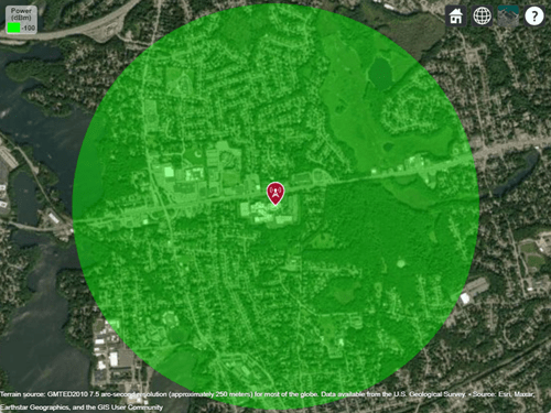 Transmitter site and coverage map displayed over satellite imagery