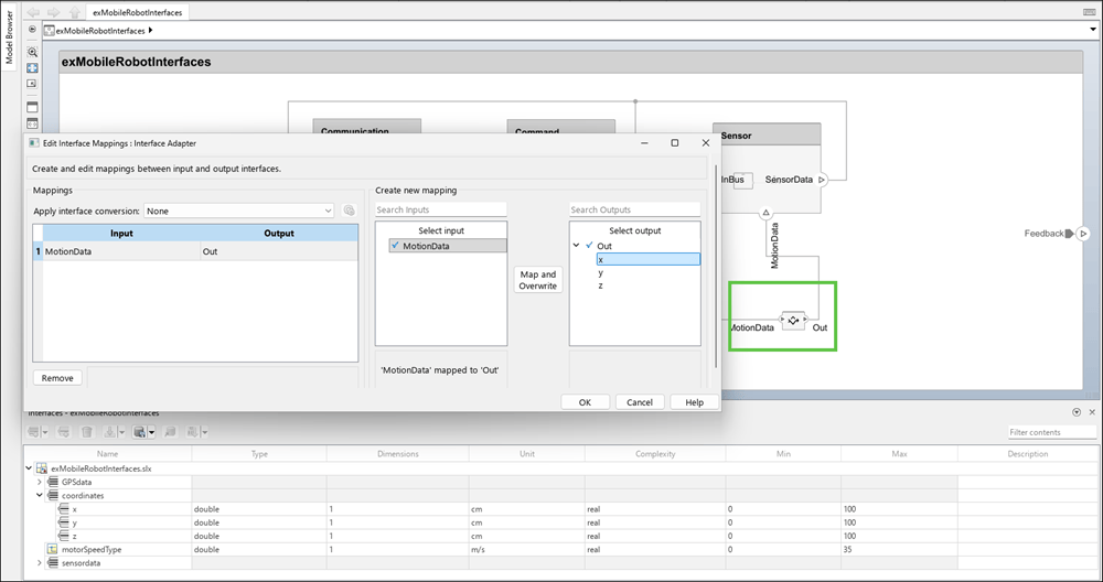 The MotorData port and Out output are selected in the Interface Adapter dialog box. In the Create new mapping section on the right, the MotorData input and x data element are selected.