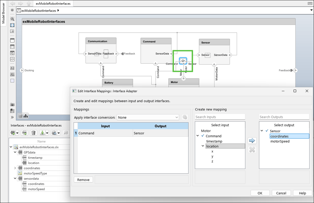 The Command input port and Sensor output port are selected in the Interface Adapter. In the Create new mapping section on the right, the location data element and coordinates output data element are selected.