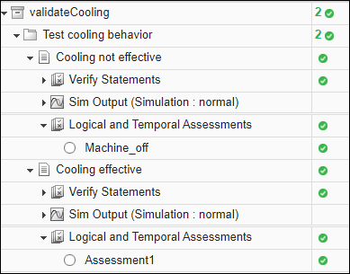 Test results from Simulink Test Manager showing all tests passed.