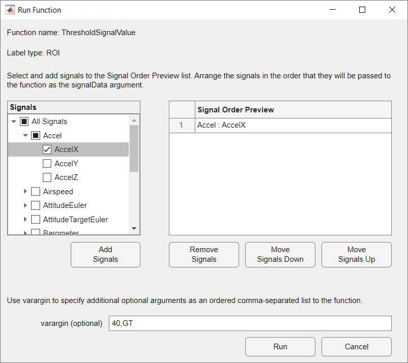 Run function dialog box showing Accel X signal selected, and varargin specified as 40, GT
