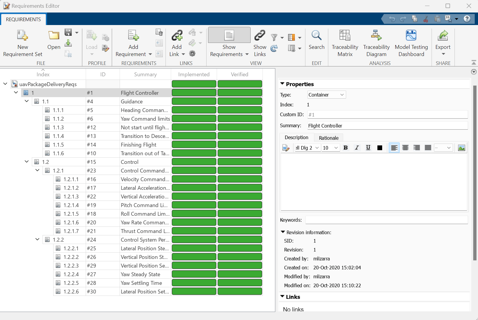 Requirements editor with the status of requirements implementation and verification showing green.
