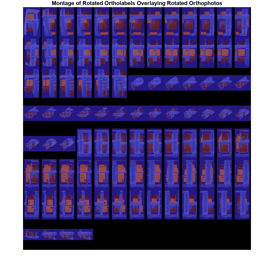 Montage of rotated ortholabels overlaid on rotated orthophotos, with roof labels in red on a blue NonRoof background