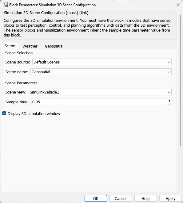Simulation 3D Scene Configuration block Scene tab with Scene source set to Default Scenes and Scene name set to Geospatial
