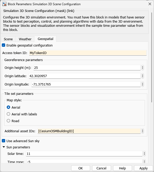 Simulation 3D Scene Configuration block Geospatial tab with georeference parameters, Aerial map style, and Additional asset IDs configured