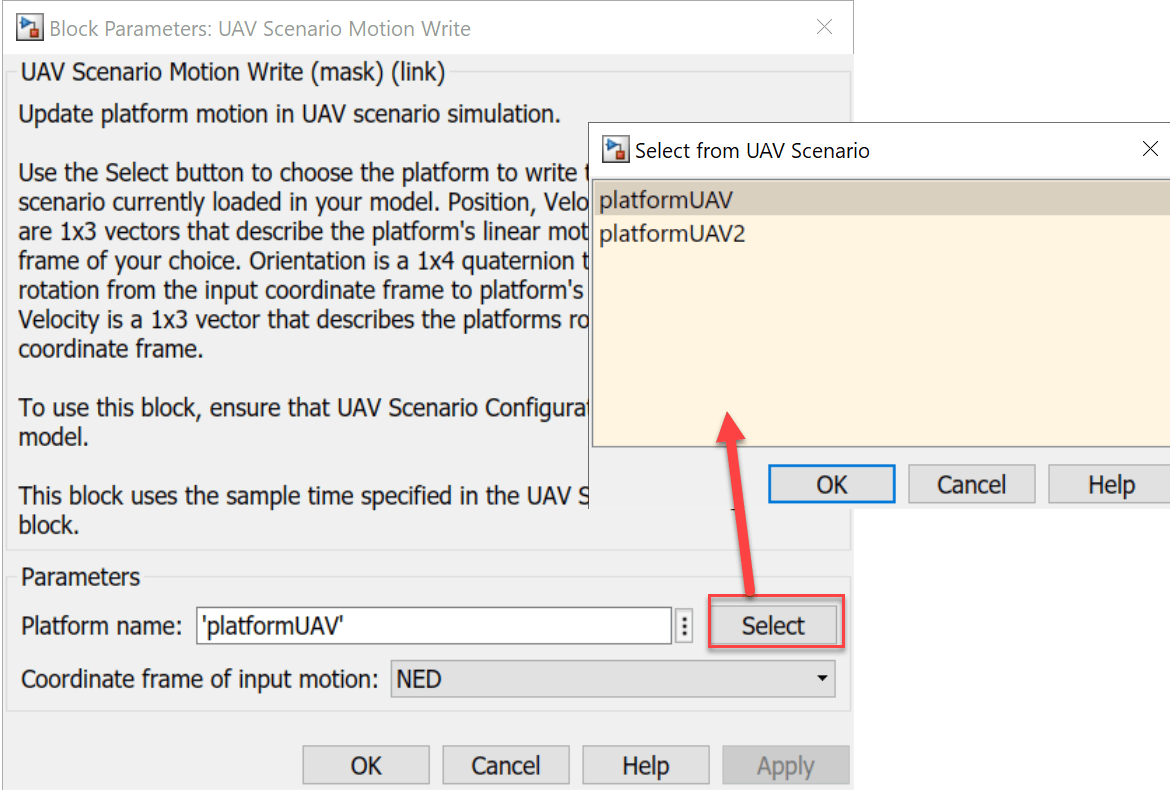 UAV Scenario Motion Write block parameters with Select button highlighted to choose platformUAV