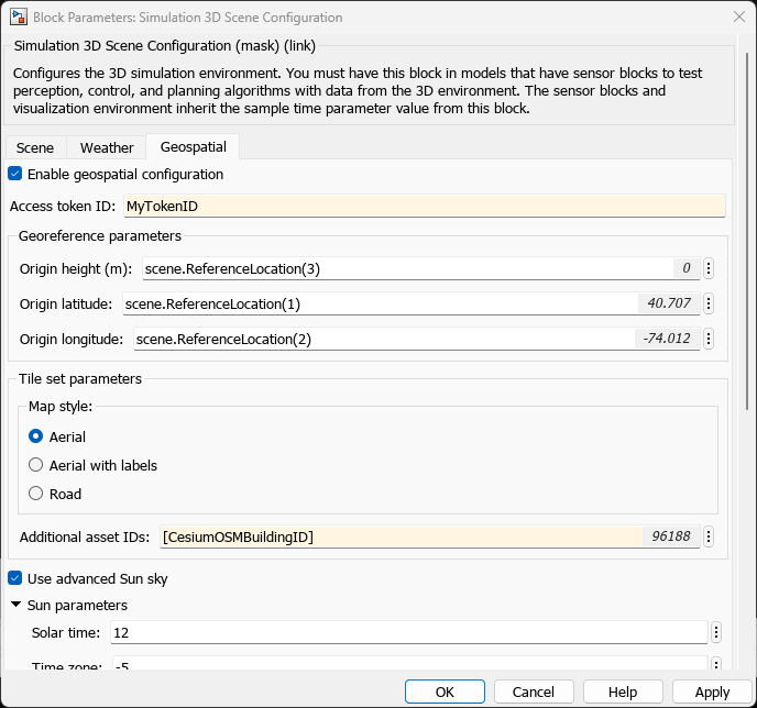 Simulation 3D Scene Configuration Geospatial tab with geospatial configuration enabled, origin coordinates, Aerial map style, and Cesium OSM Building ID