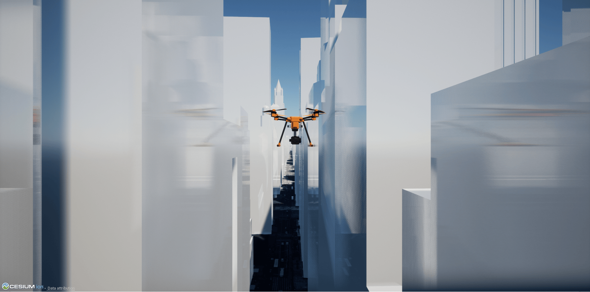 UAV flying between buildings in the Cesium 3D visualization environment