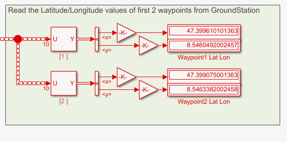 latitude and longitude values from the first two waypoints of the mission shown in Simulink
