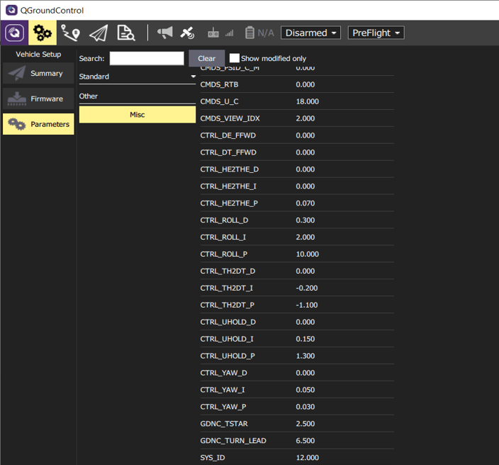 parameters page of QGroundControl
