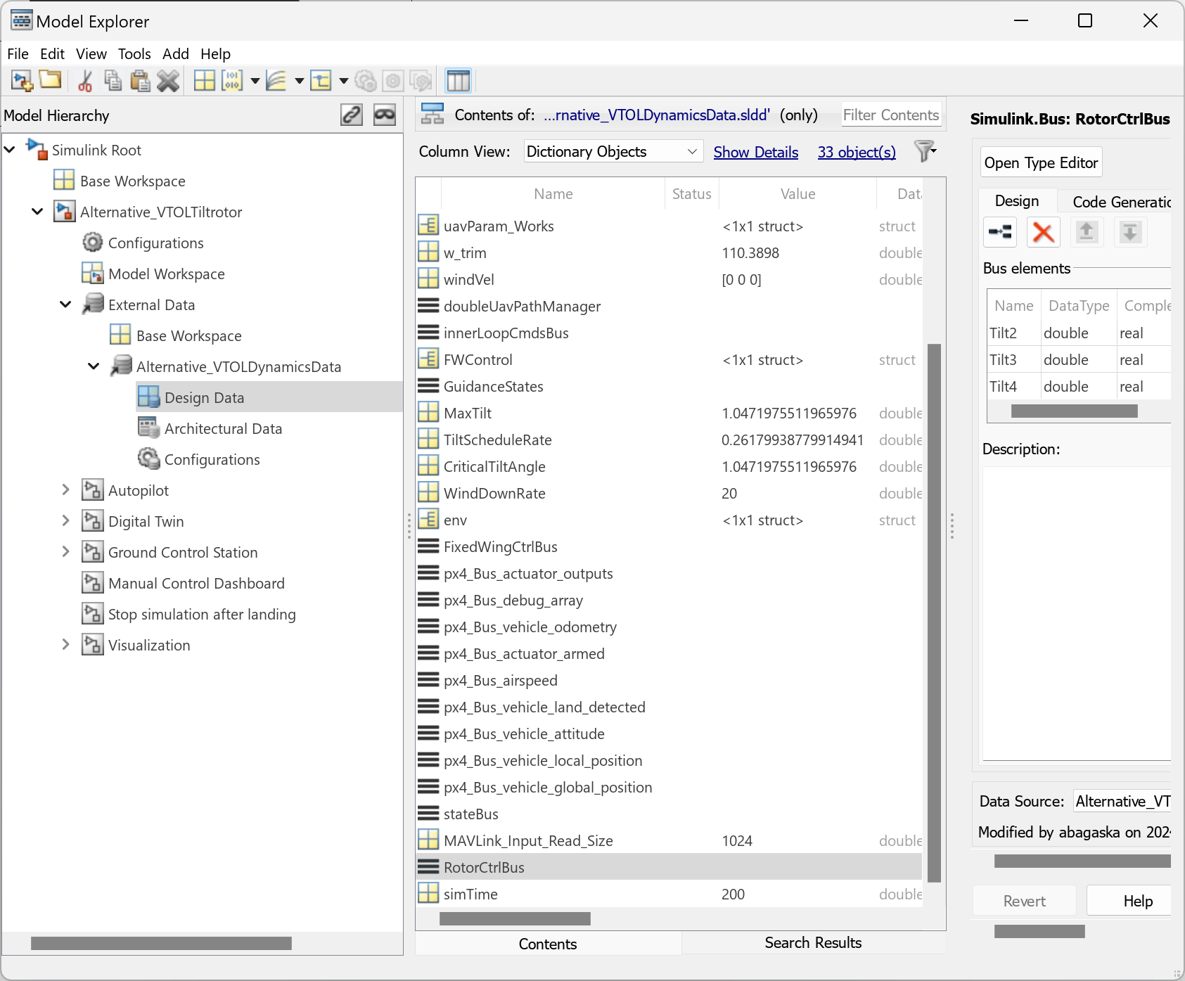 Model Explorer view of the modified rotor control bus.