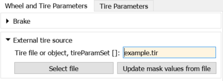 External tire source block property with an example TIR file selected for the tire file parameter.