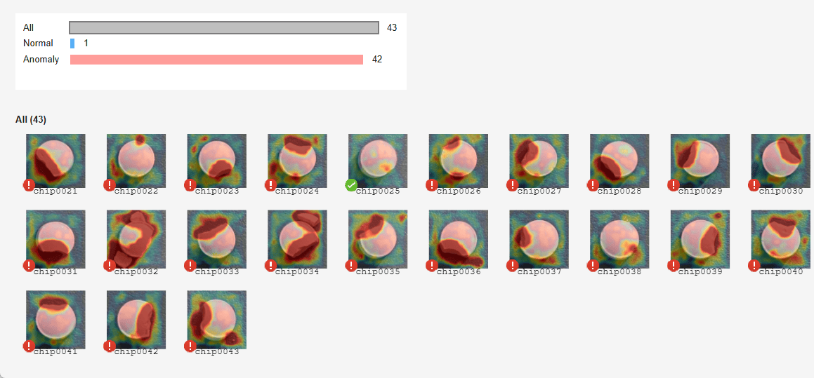 View Decision tab showing individual test images, their test results, and an anomaly score heatmap overlay