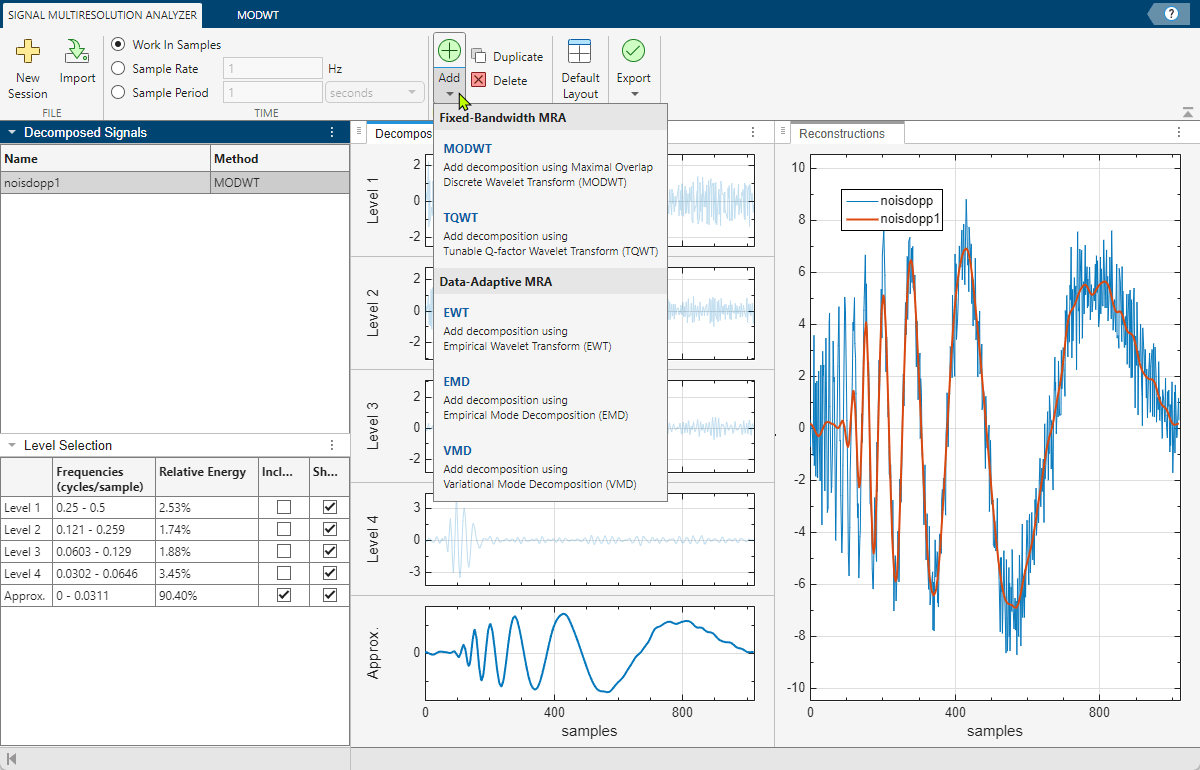 Signal Multiresolution Analyzer app, with the drop down menu showing a list of decompositions.