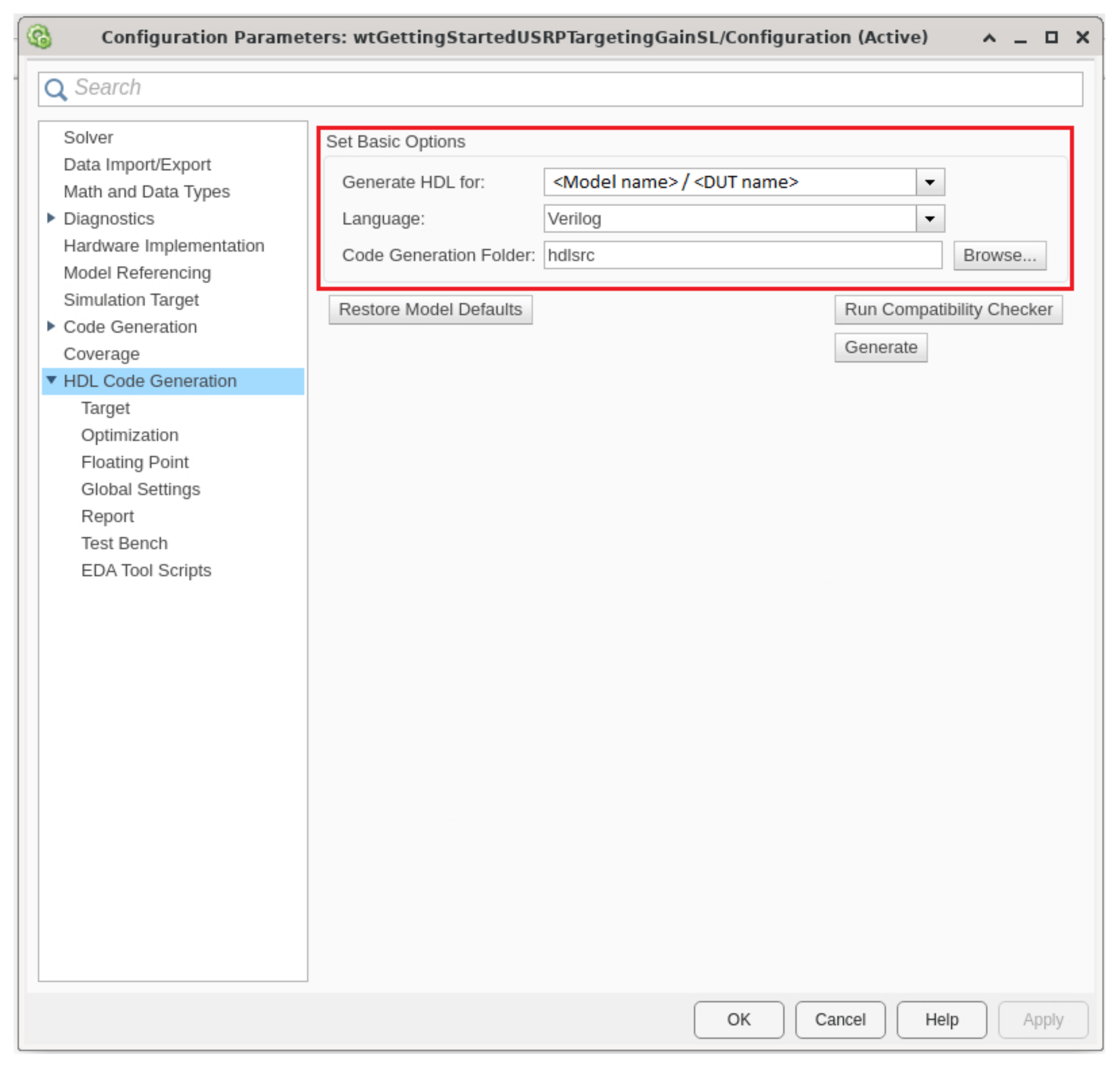 HDL code generation options in configuration parameters window