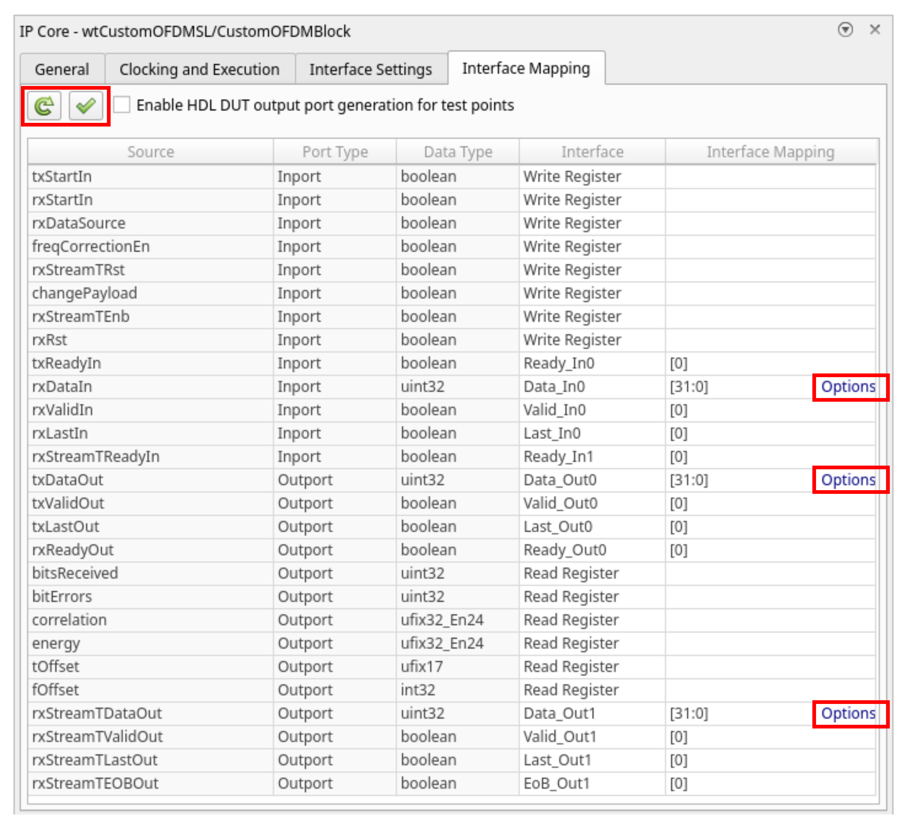 Interface mapping table in IP Core editor