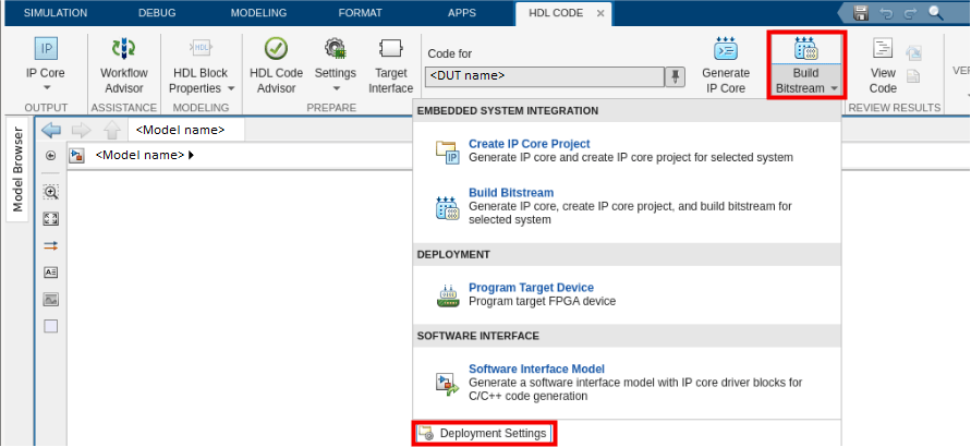 Build bitstream dropdown in HDL code tab of Simulink toolstrip