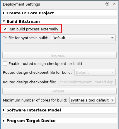 Build bitstream options in deployment settings