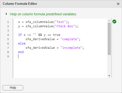 The completed script in the Column Formula Editor window