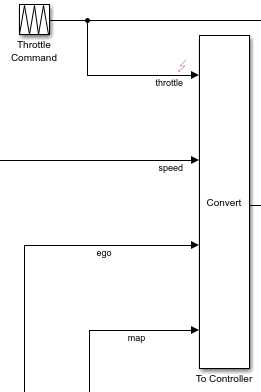 The input signals of the To Controller block after you add the fault. The fault badge, representing a zigzag line, is next to the throttle signal that goes into To Controller.