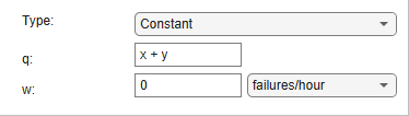 The Model Properties section of a basic event in the Properties pane. The q property has the expression x + y. The other properties are default.