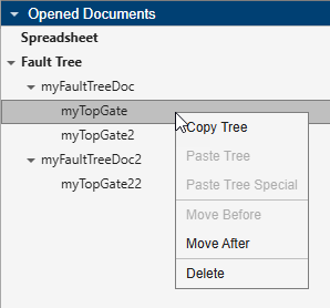 The Opened Documents pane. The cursor points to a fault tree named myGate. The context menu is expanded, and shows six options.