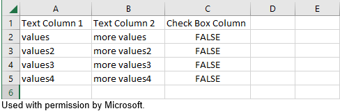 An example spreadsheet in Excel. The spreadsheet has three columns, two are text, and the third is a Boolean. Each column specifies values for four rows. The headings are filled in, and the columns contain content.