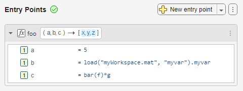 Entry points pane showing the entry-point function foo with two enabled output arguments