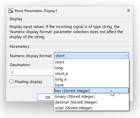 Block parameter window for a Display block with the Numeric display format drop down open