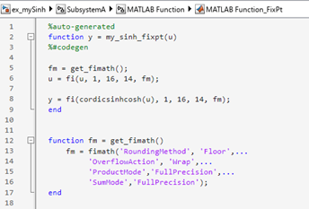 The code in the MATLAB Function block shows that it now uses the cordicsinhcosh function.