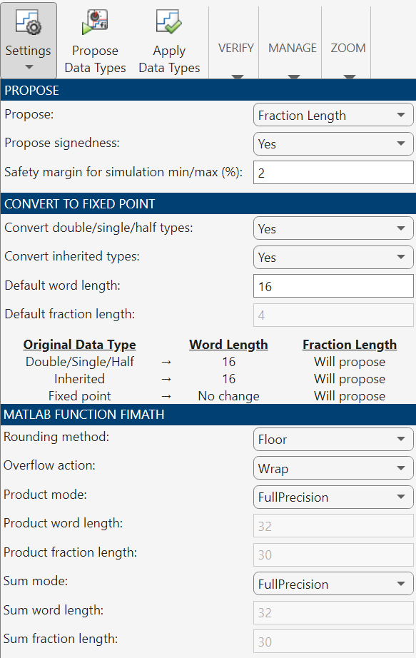 The settings drop-down in the Fixed Point Tool displaying settings for proposing data types, converting to fixed point and MATLAB function block fimath.